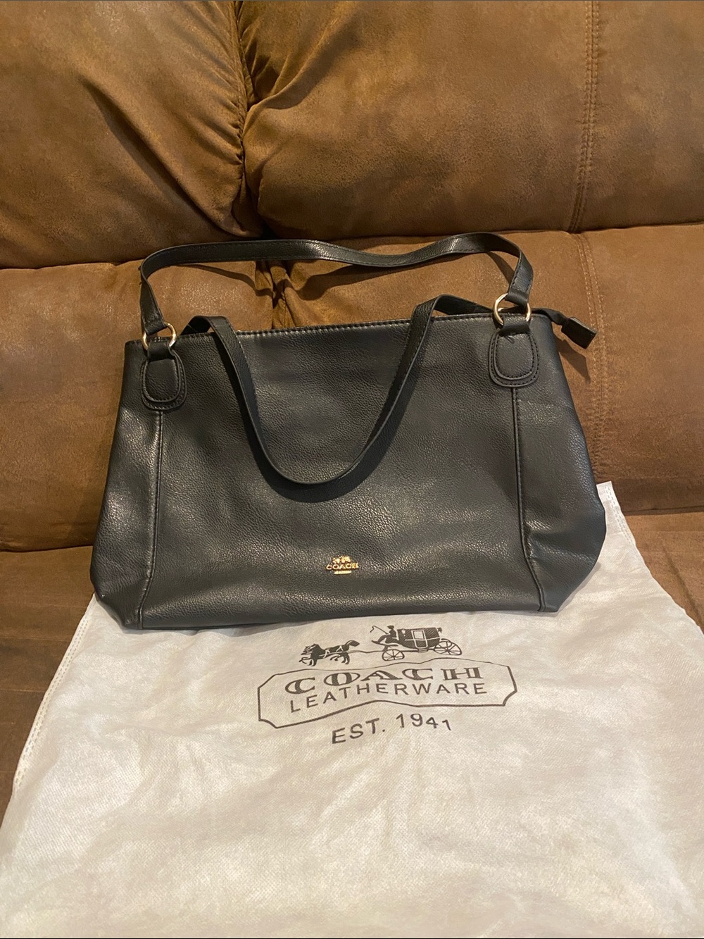 Coach Black Leather Shoulder Tote with Gold Logo